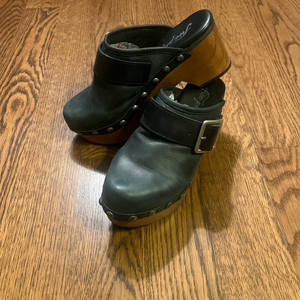 Free People Black Leather Clogs with Buckle